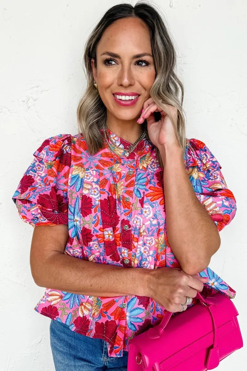 Pink Floral Print Bubble Sleeve Button Up Pleated Shirt - Love Salve